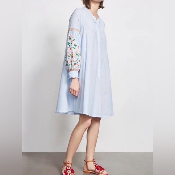 Antik Batik Blue Striped Embroidered Shirt Dress Sz 40 Boho Cottage - Picture 6 of 13